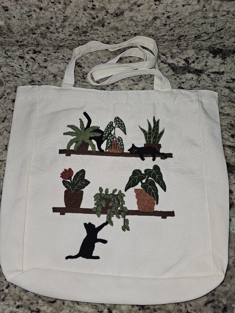 Cats & Plants Embroidered Textile Art Cottage Core Reusable Shopper Tote